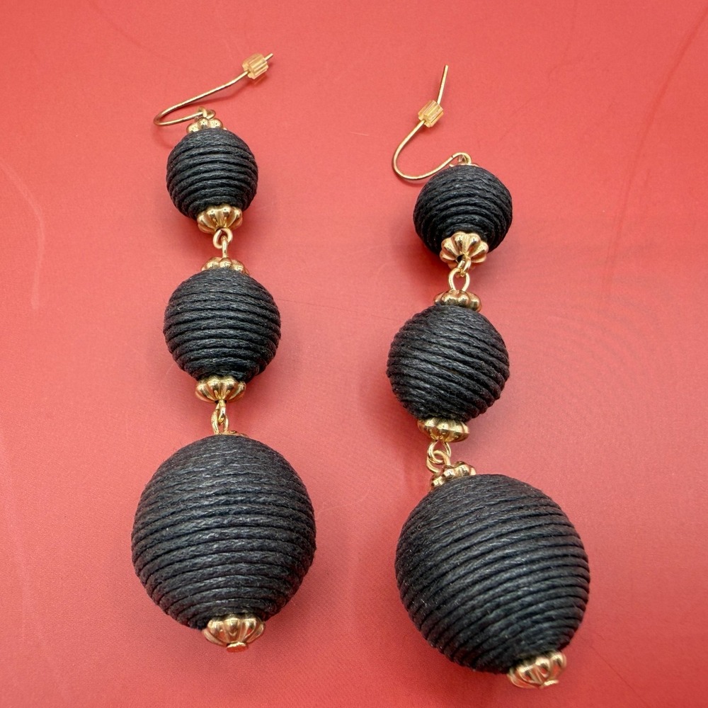 Black Thread Wrapped Ball Drop Earrings Gold Tone Long Dangle Statement Boho